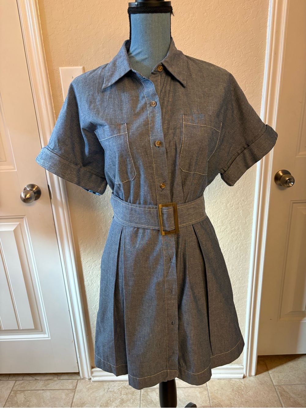 Banana Republic Blue Chambray Short-Sleeve Belted Midi Dress